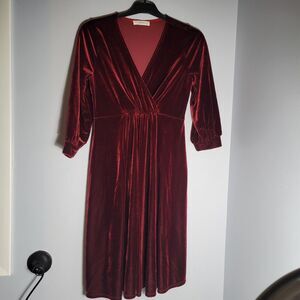 Hello Mia Women Maternity Burgundy Velvet Dress V-Neck 3/4 Sleeve Holiday Size S